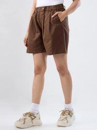 Women Shorts Brown Relaxed Fit Mid Rise