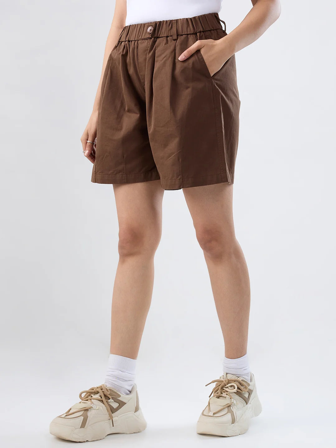 Women Shorts Brown Relaxed Fit Mid Rise