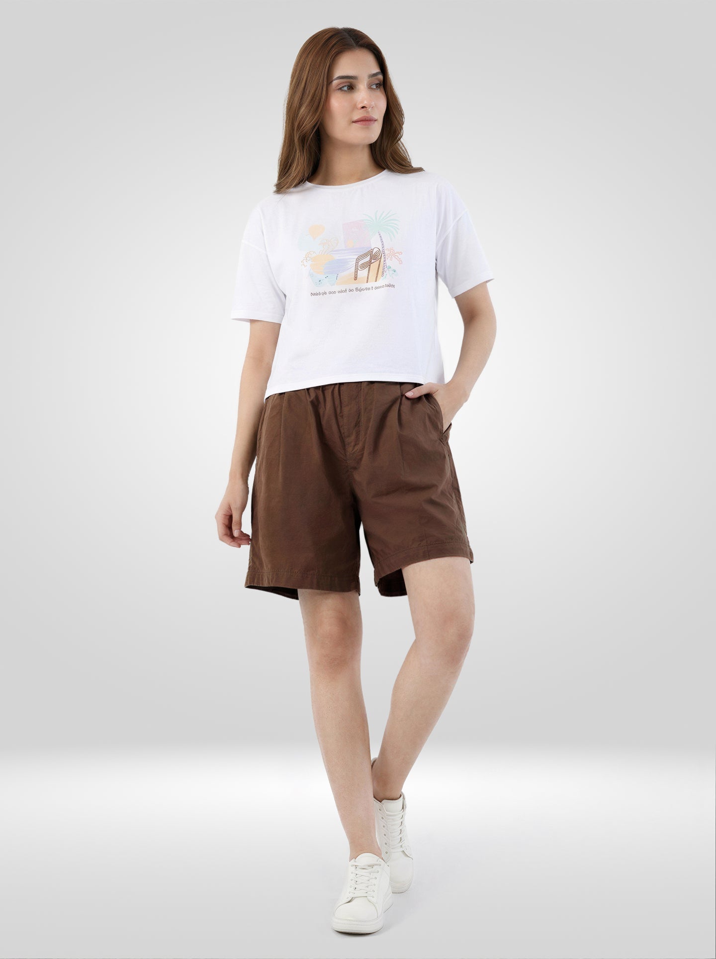 Women Shorts Brown Relaxed Fit Mid Rise