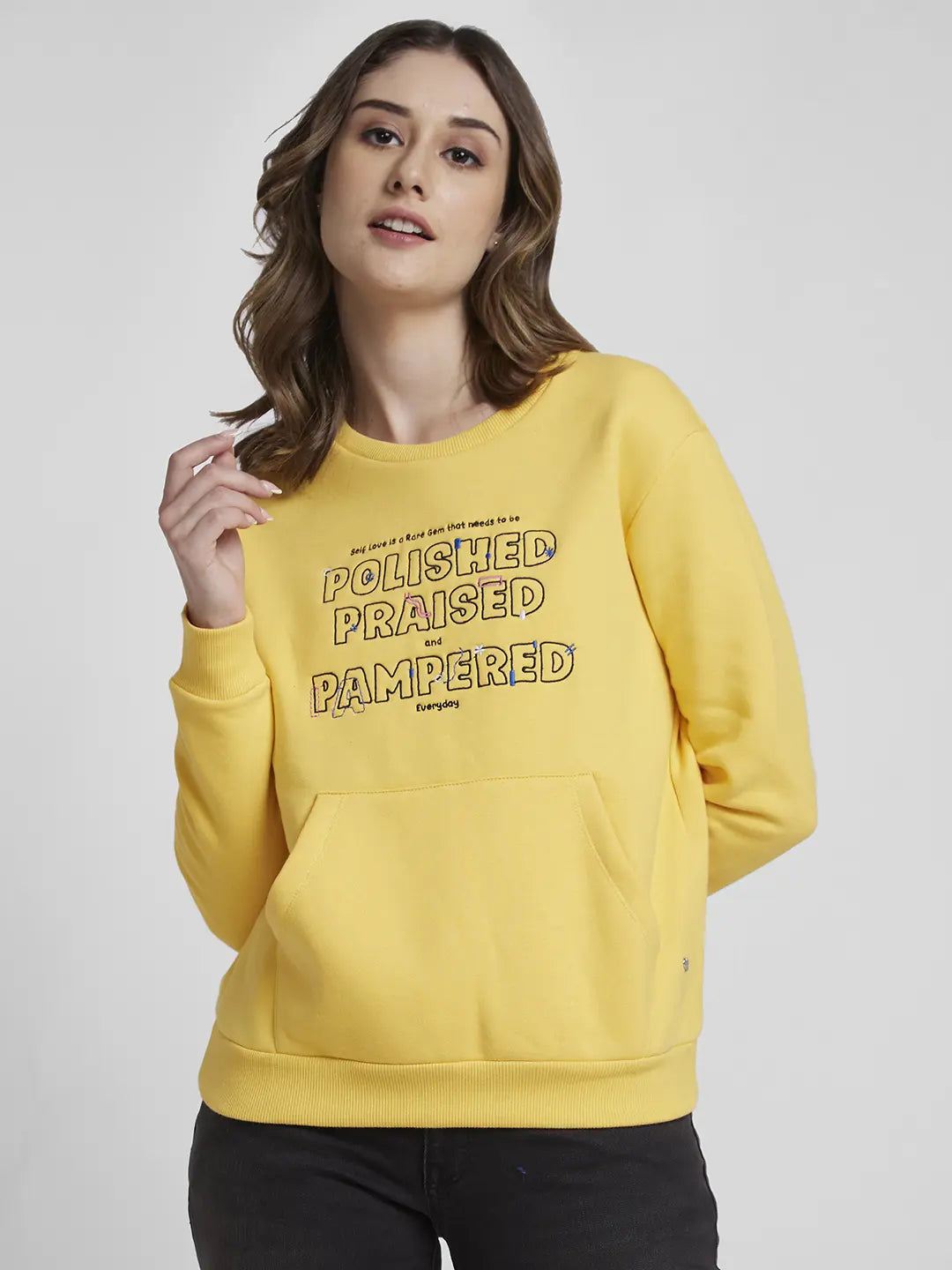 Spykar Pineapple Yellow Regular Fit Casual Sweatshirts For Women