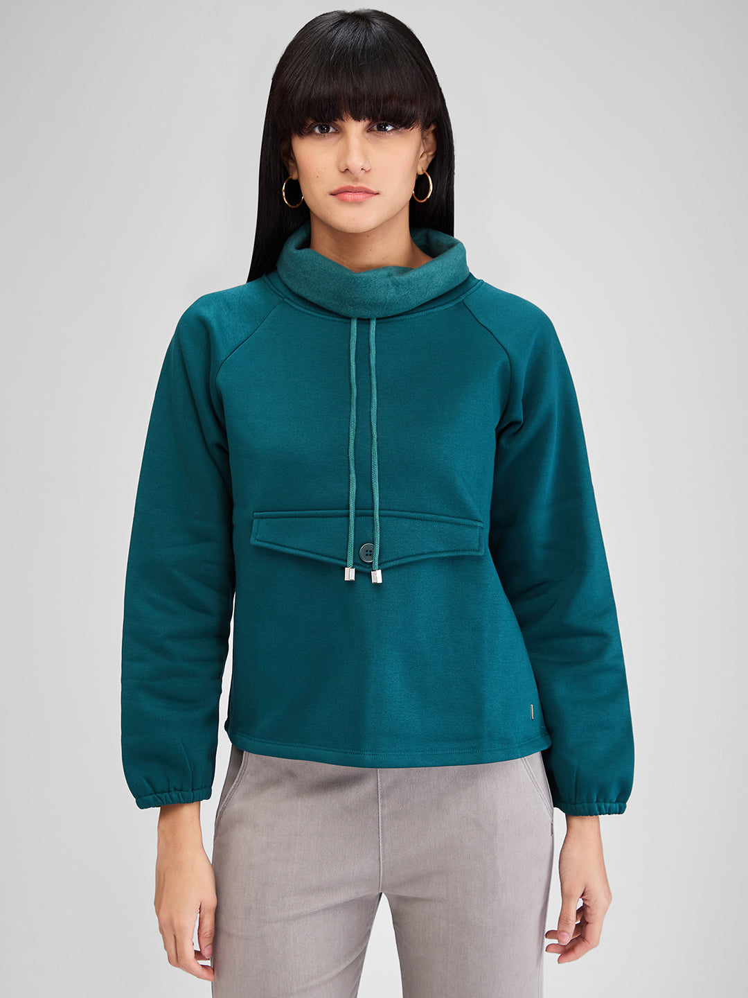 Spykar Green Full Sleeves Regular Fit Solid Sweat Shirts For Women