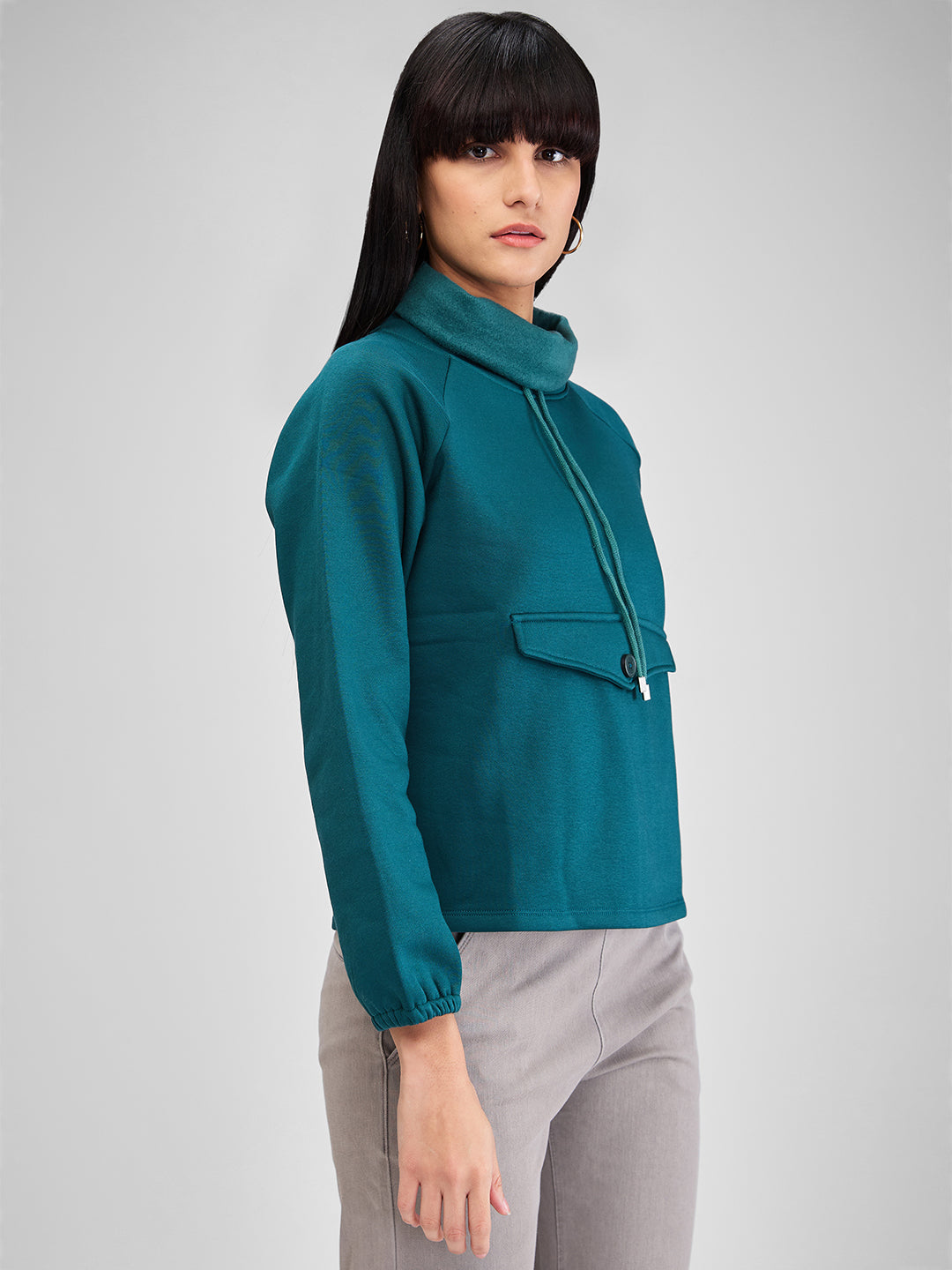 Spykar Green Full Sleeves Regular Fit Solid Sweat Shirts For Women