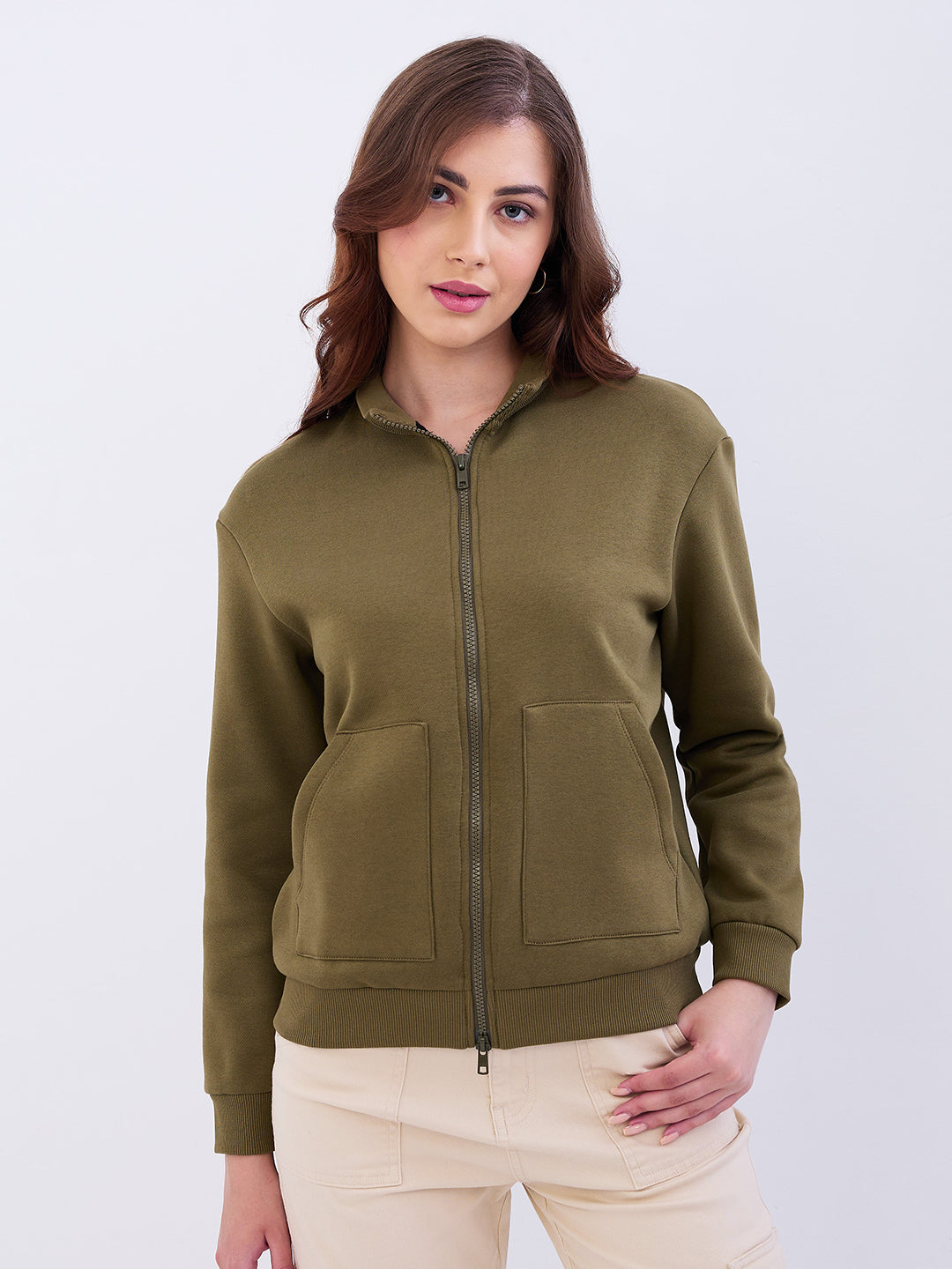Women Sweatshirt Olive Green Relaxed Fit