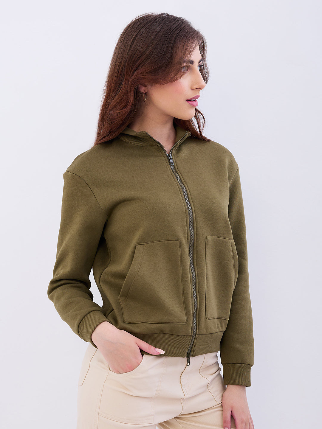 Women Sweatshirt Olive Green Relaxed Fit