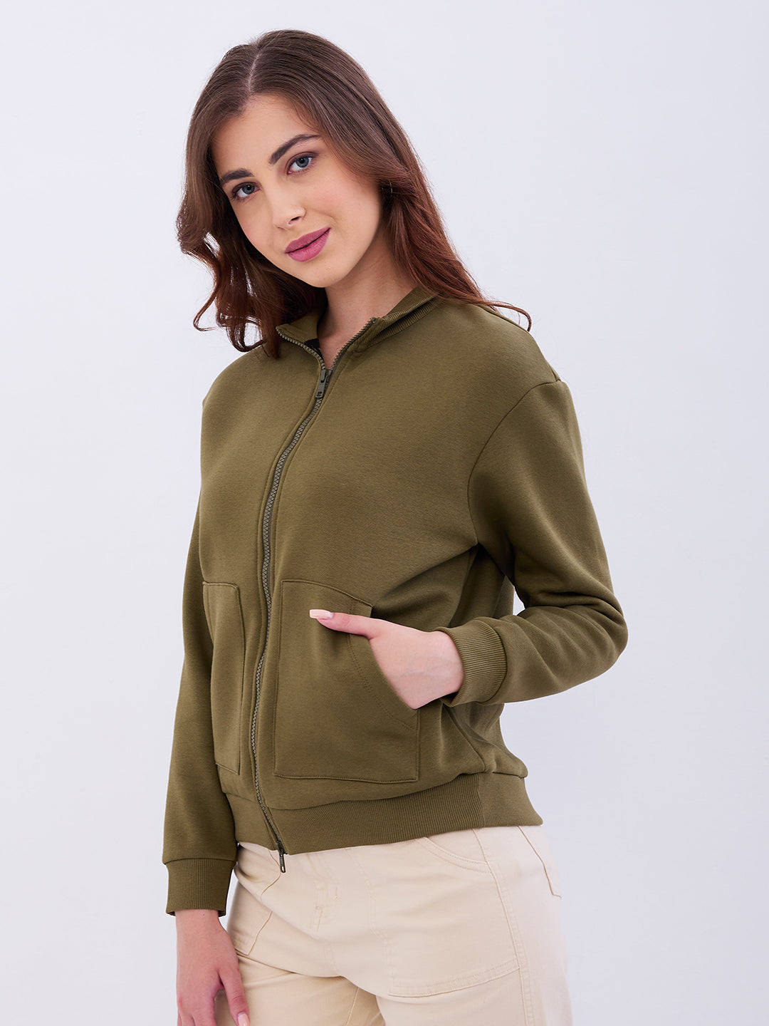 Women Sweatshirt Olive Green Relaxed Fit