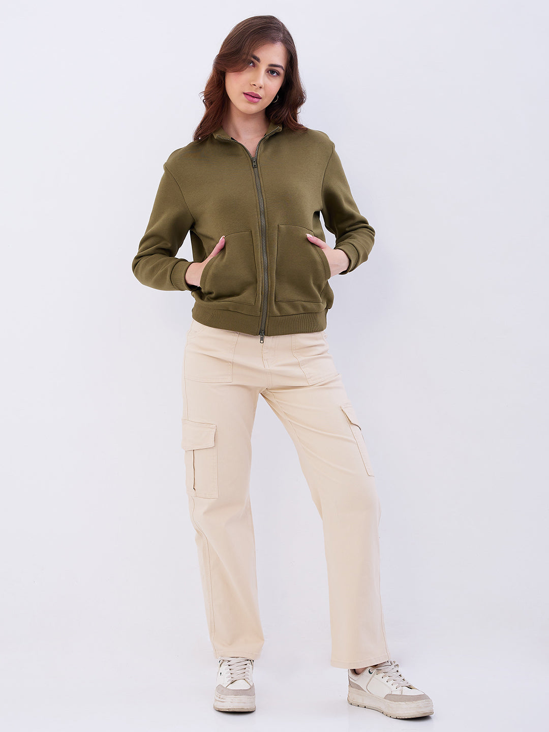 Spykar Dark Olive Green Relaxed Fit Casual Sweatshirts For Women