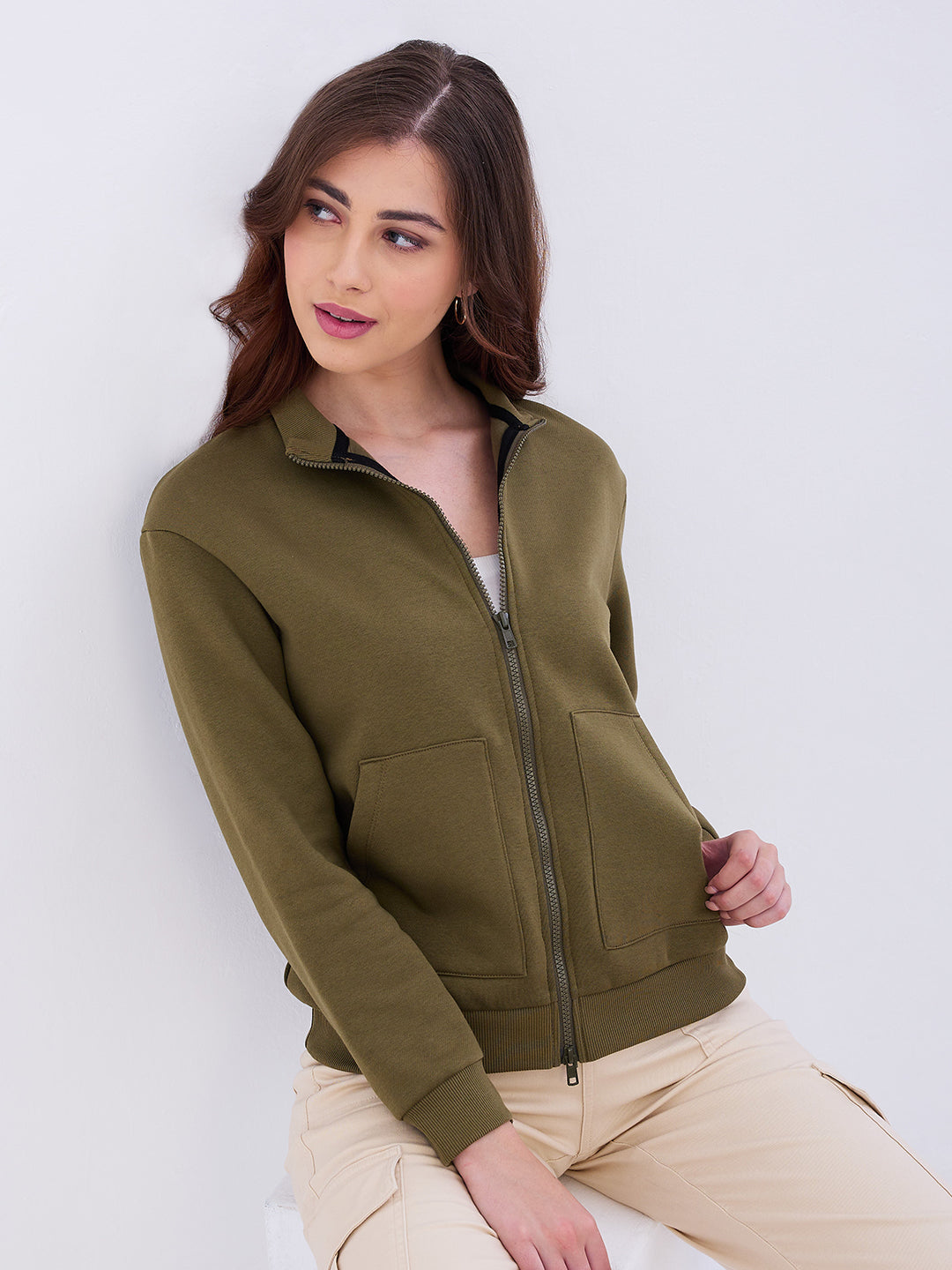Spykar Dark Olive Green Relaxed Fit Casual Sweatshirts For Women