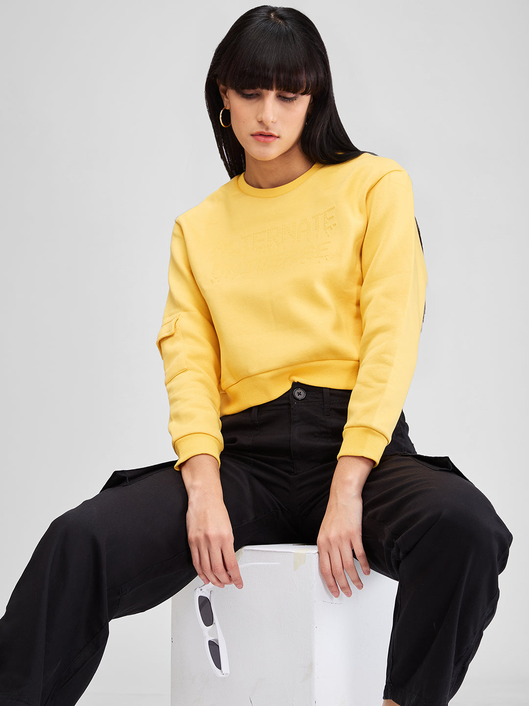 Spykar Yellow Full Sleeves Regular Fit Solid Sweat Shirts For Women