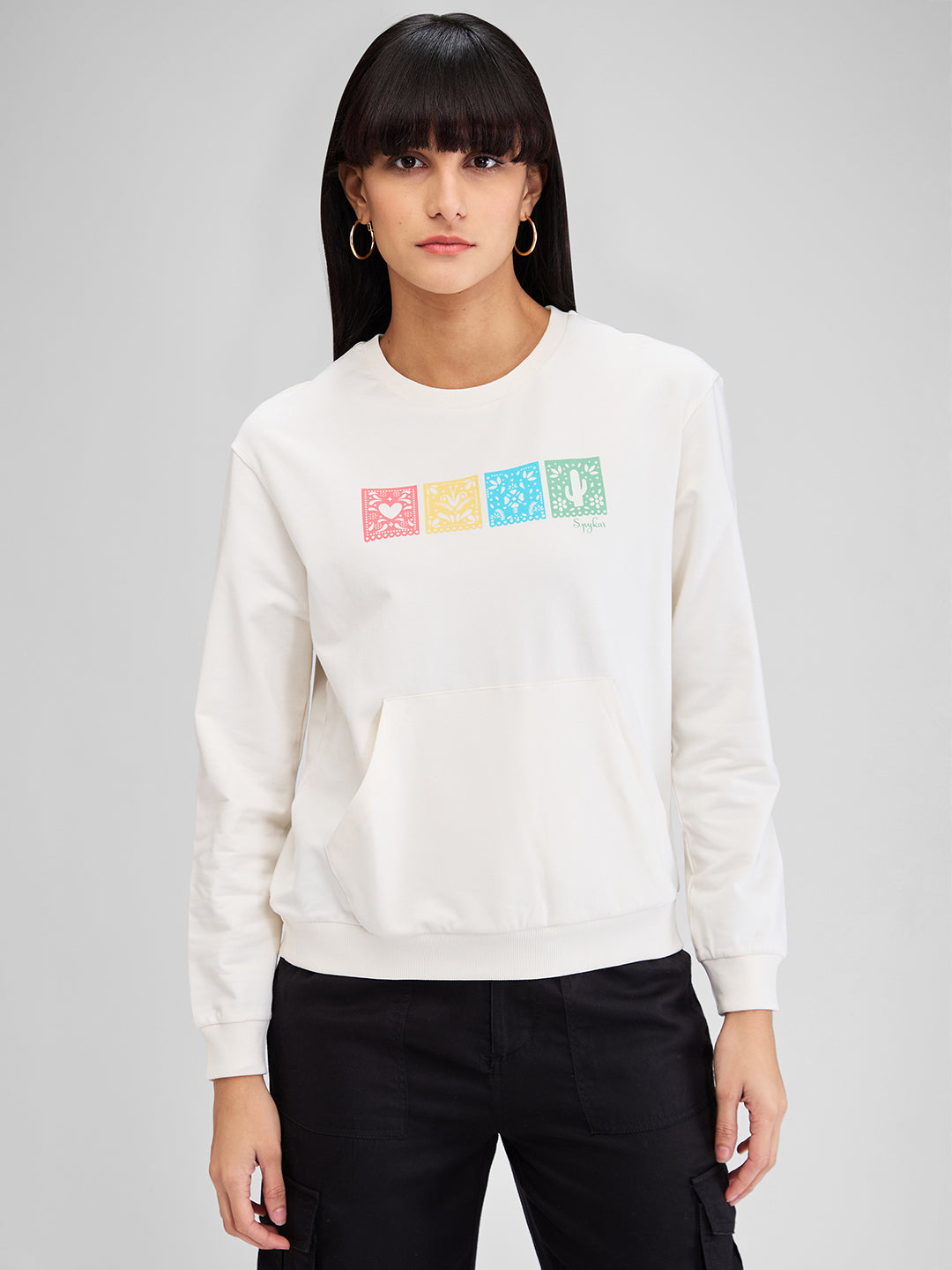 Spykar White Full Sleeves Regular Fit Solid Sweat Shirts For Women