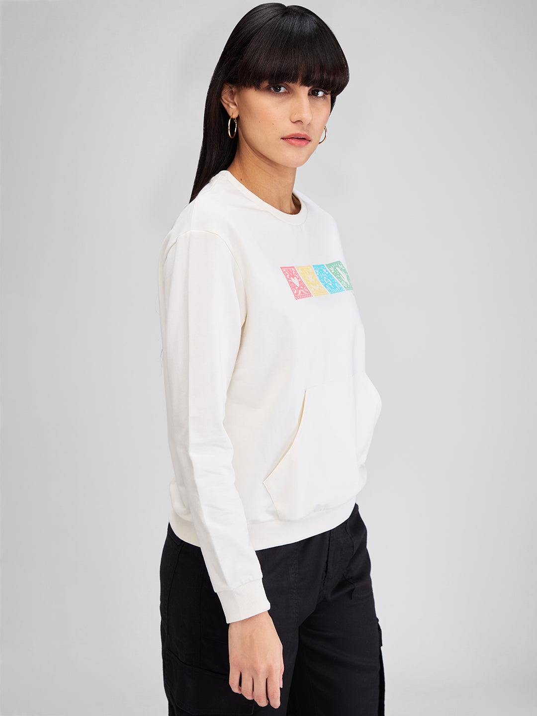 Spykar White Full Sleeves Regular Fit Solid Sweat Shirts For Women