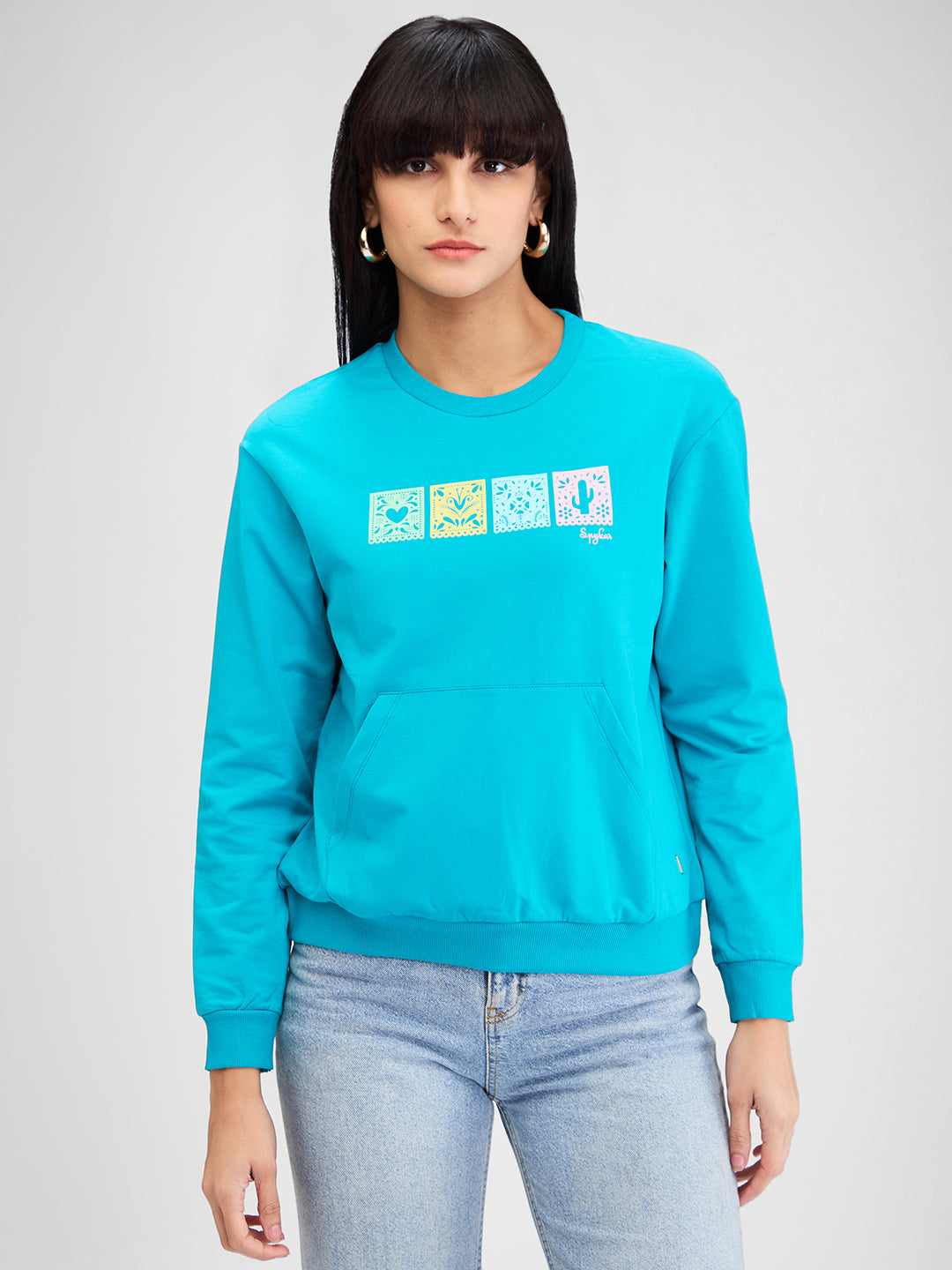 Spykar Green Full Sleeves Regular Fit Solid Sweat Shirts For Women