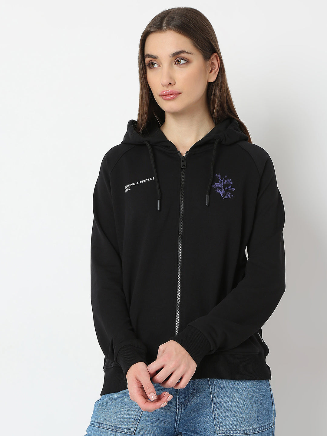 Spykar Black Full Sleeves Hooded Sweatshirt For Women