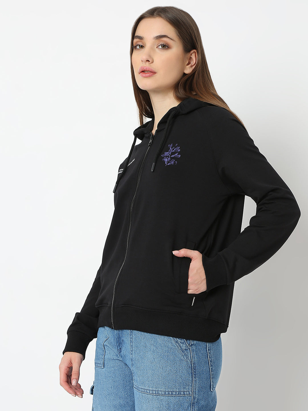 Spykar Black Full Sleeves Hooded Sweatshirt For Women