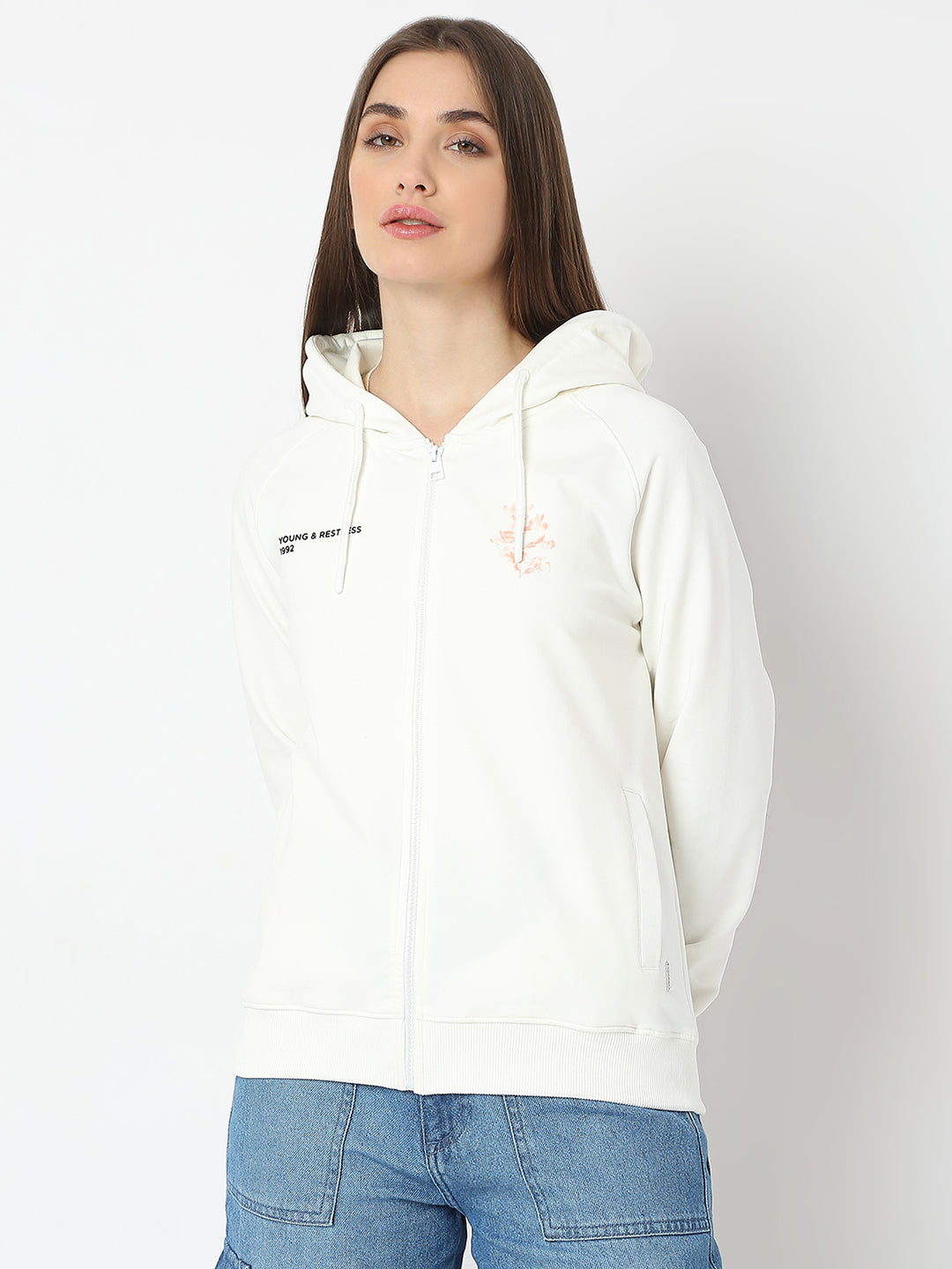 Spykar White Full Sleeves Hooded Sweatshirt For Women