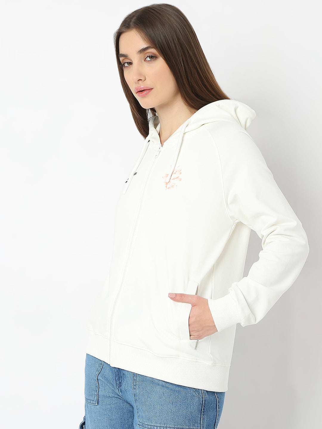 Spykar White Full Sleeves Hooded Sweatshirt For Women