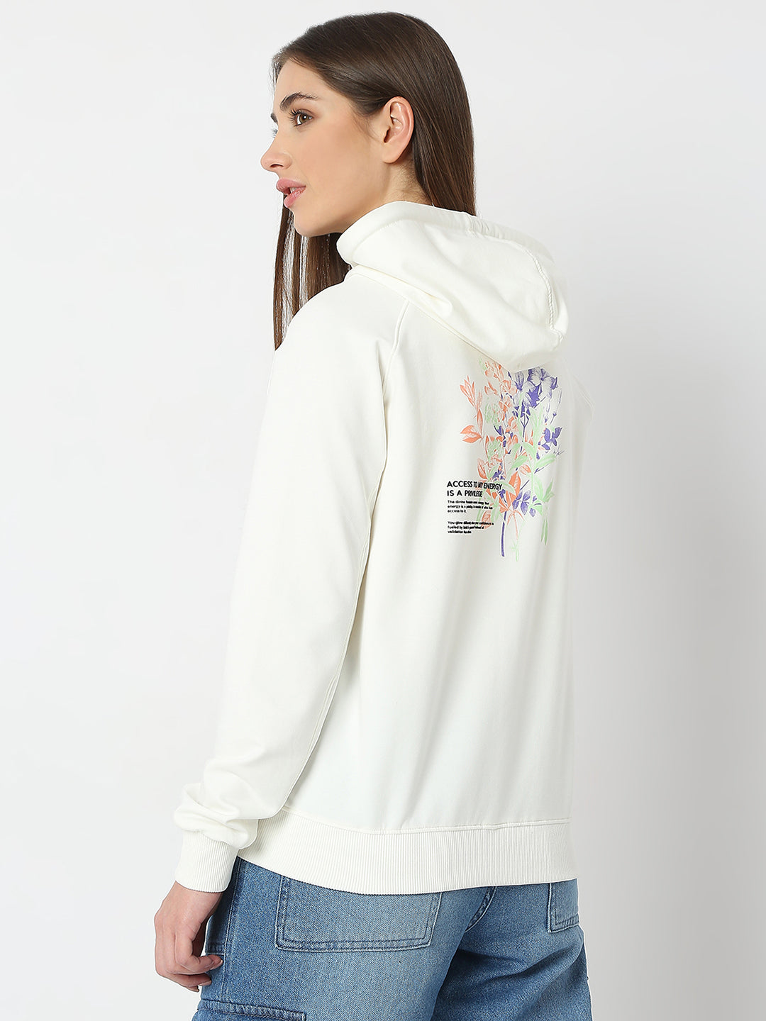 Spykar White Full Sleeves Hooded Sweatshirt For Women