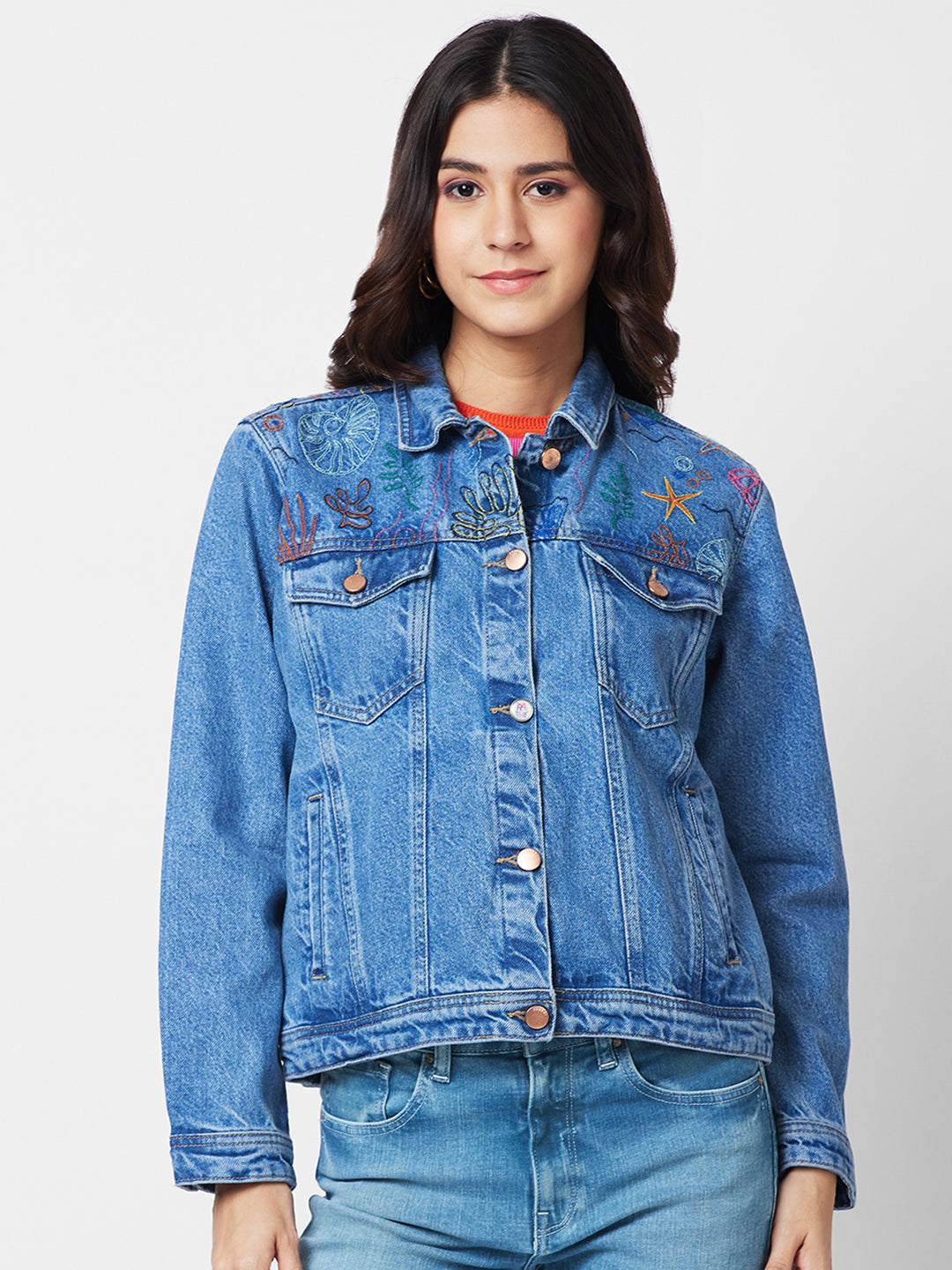 Spykar Women Washed Cotton Denim Jacket with Embroidered