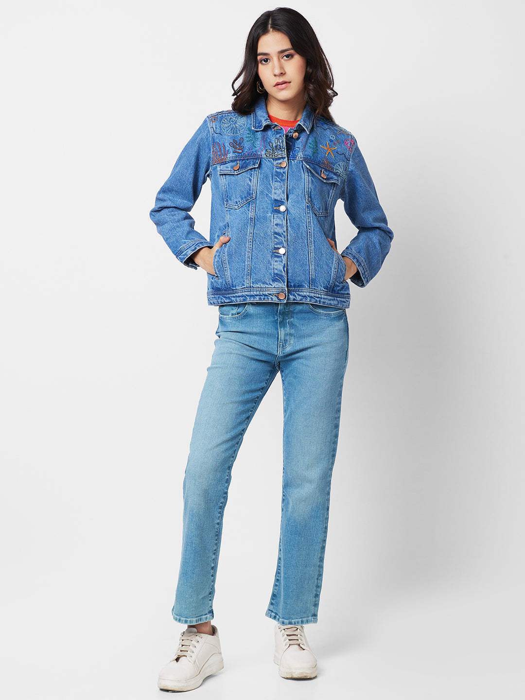 Spykar Women Washed Cotton Denim Jacket with Embroidered