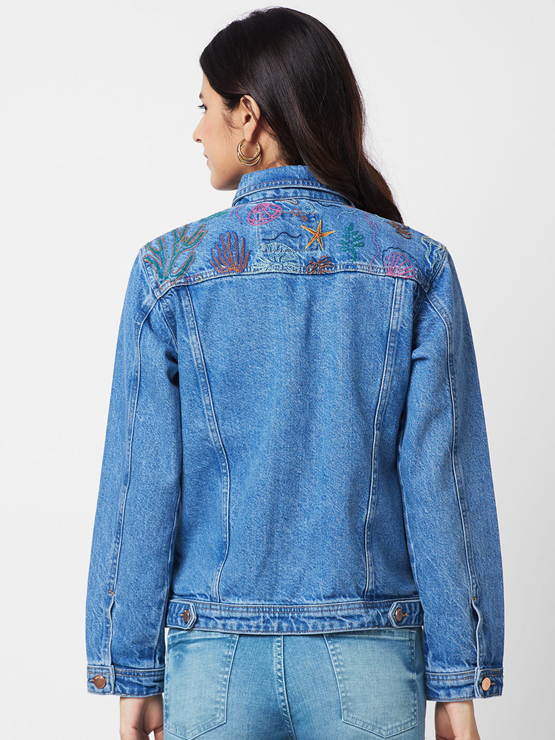 Spykar Women Washed Cotton Denim Jacket with Embroidered