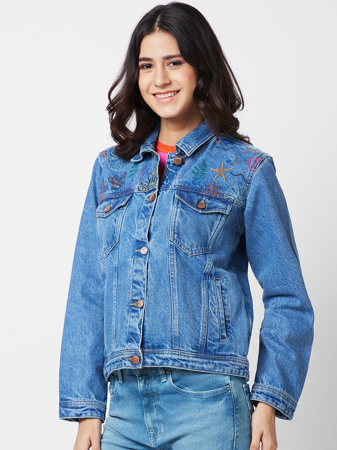 Spykar Women Washed Cotton Denim Jacket with Embroidered