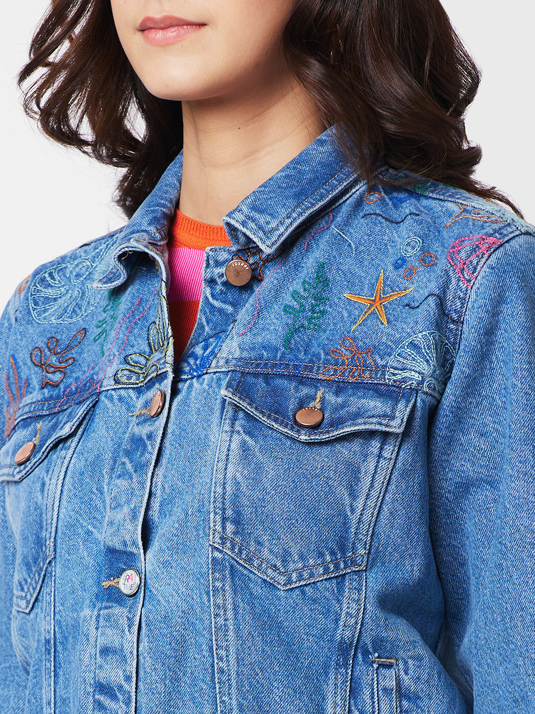 Spykar Women Washed Cotton Denim Jacket with Embroidered