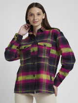 Women Top Check Magenta Pink Oversize Fit
