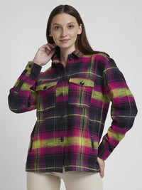 Women Top Check Magenta Pink Oversize Fit