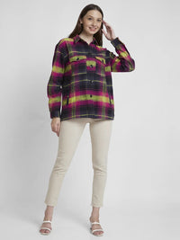 Women Top Check Magenta Pink Oversize Fit