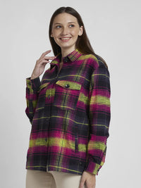 Women Top Check Magenta Pink Oversize Fit
