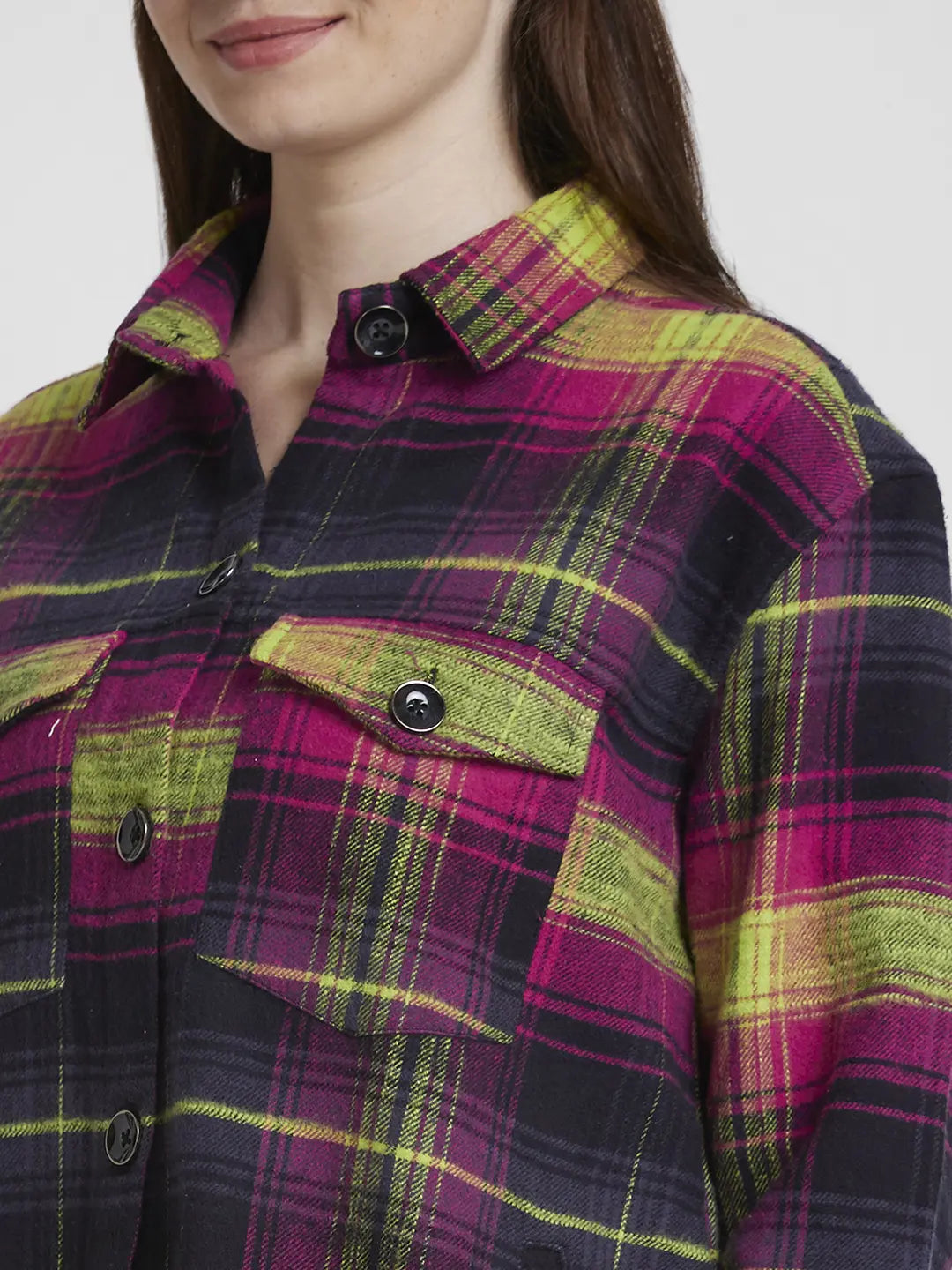Women Top Check Magenta Pink Oversize Fit