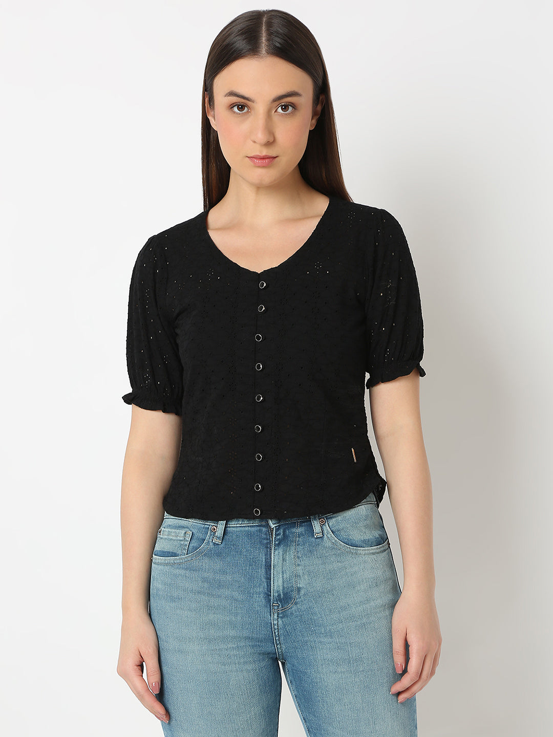 Spykar Black Half Sleevesregular Fit Top For Women