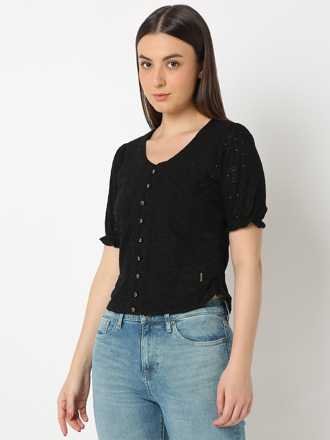 Women Top Solid Black Regular Fit