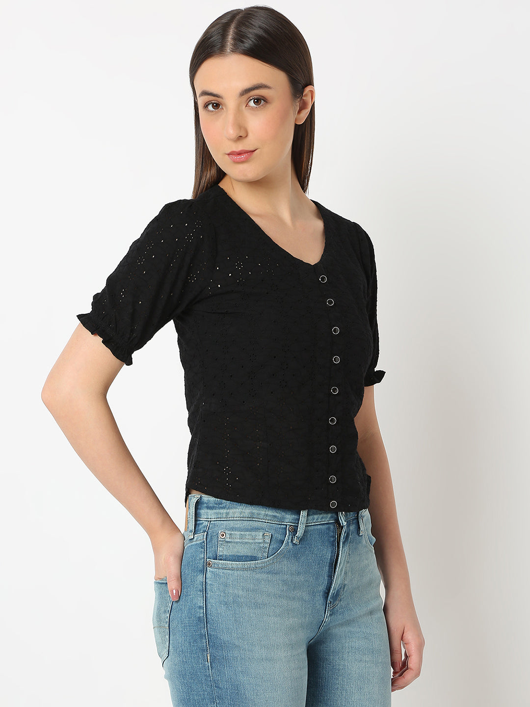 Spykar Black Half Sleevesregular Fit Top For Women