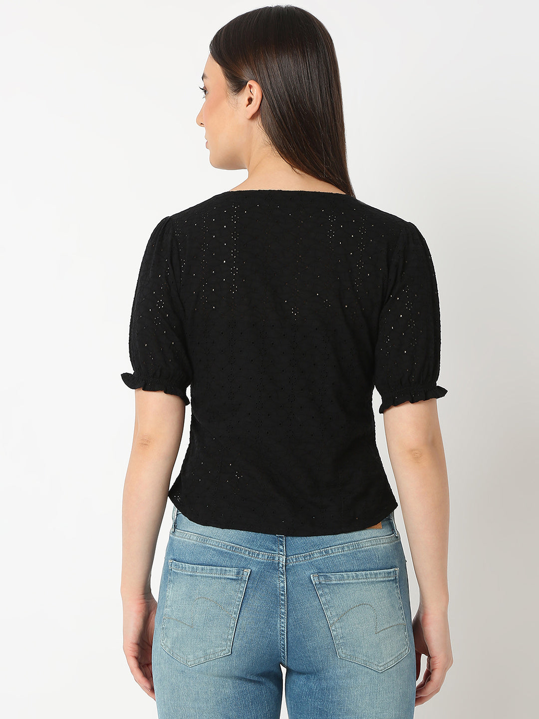 Women Top Solid Black Regular Fit