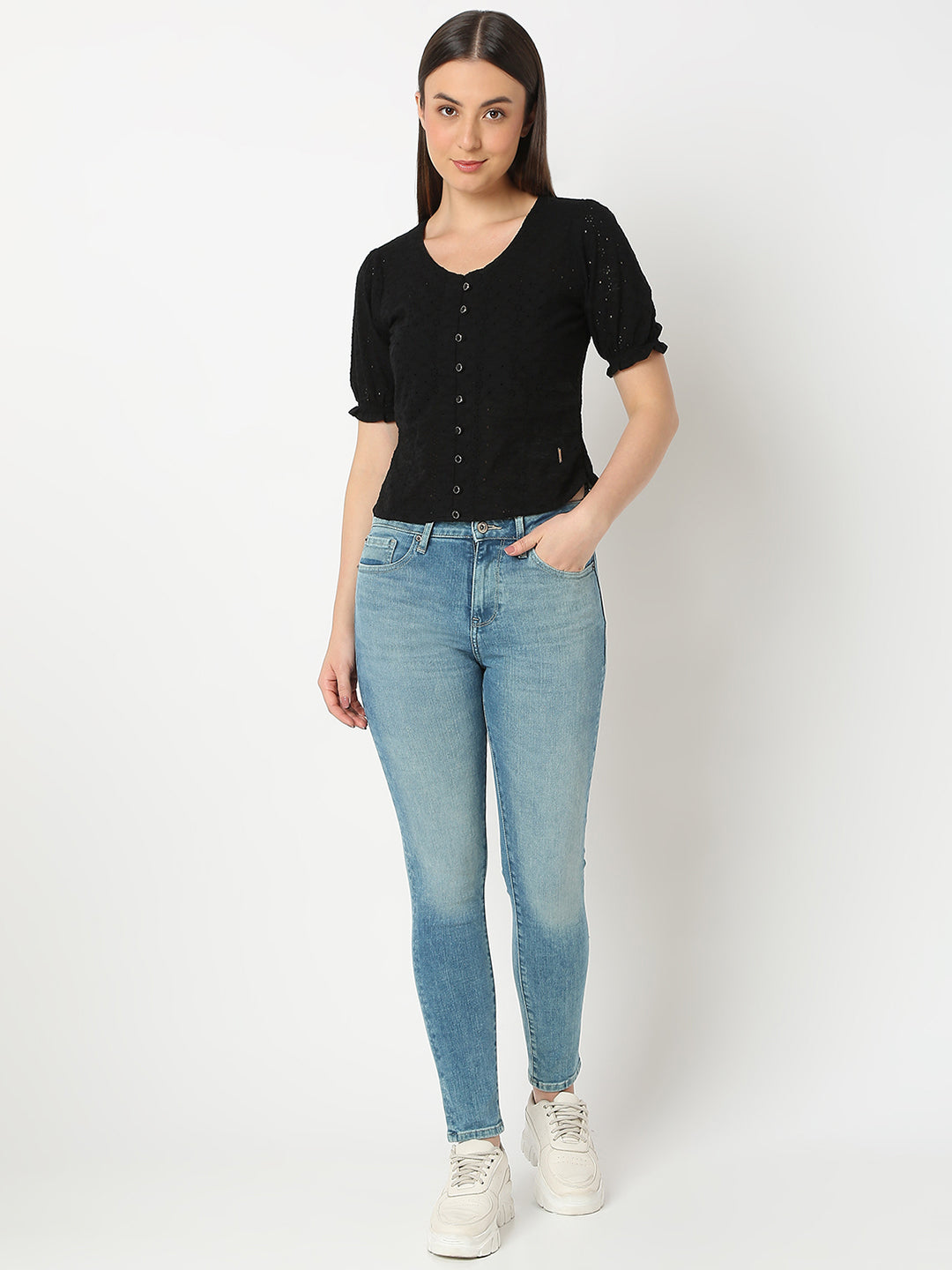 Spykar Black Half Sleevesregular Fit Top For Women