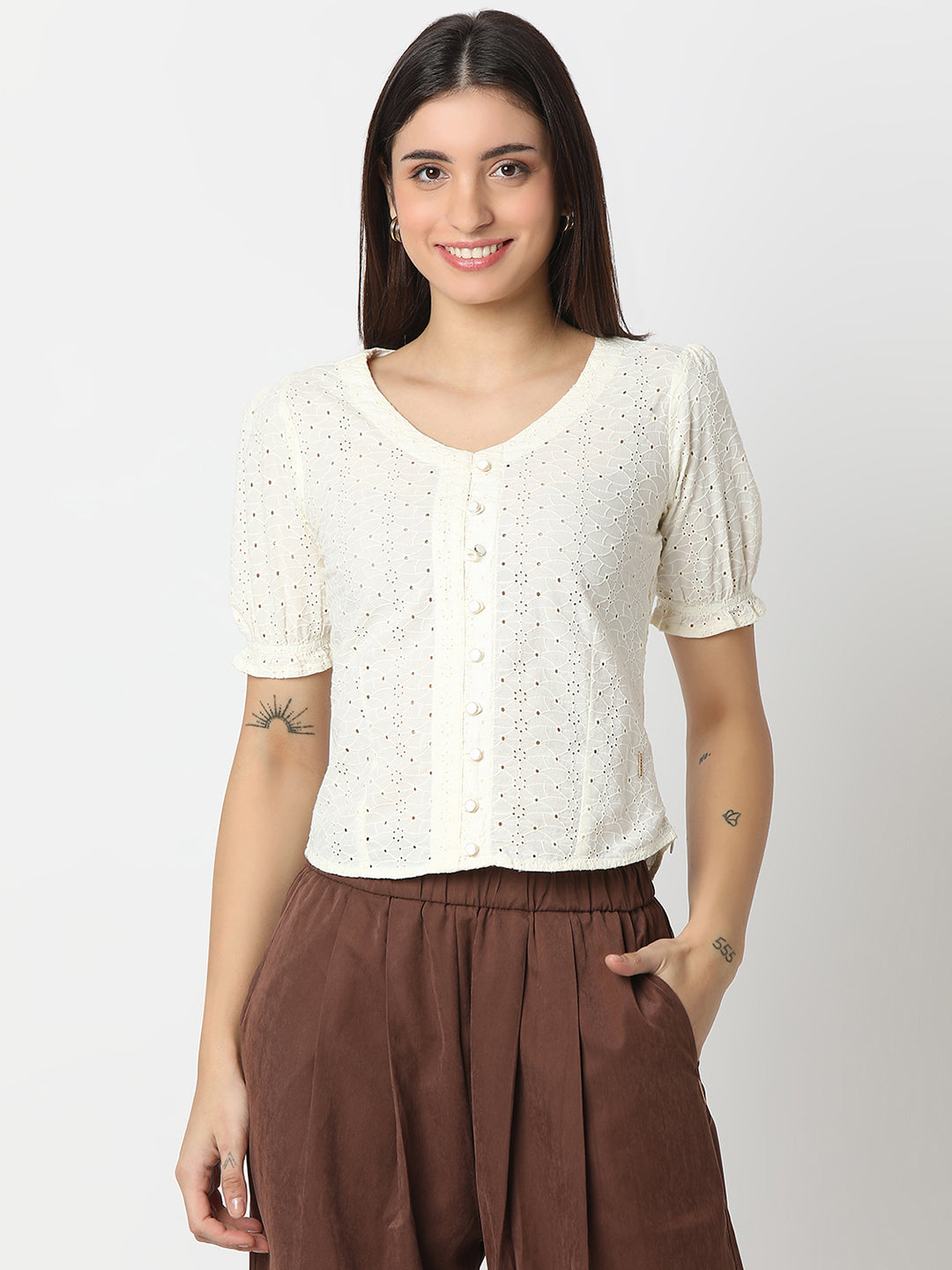 Spykar White Regular Fit Half Sleeves Top For Women