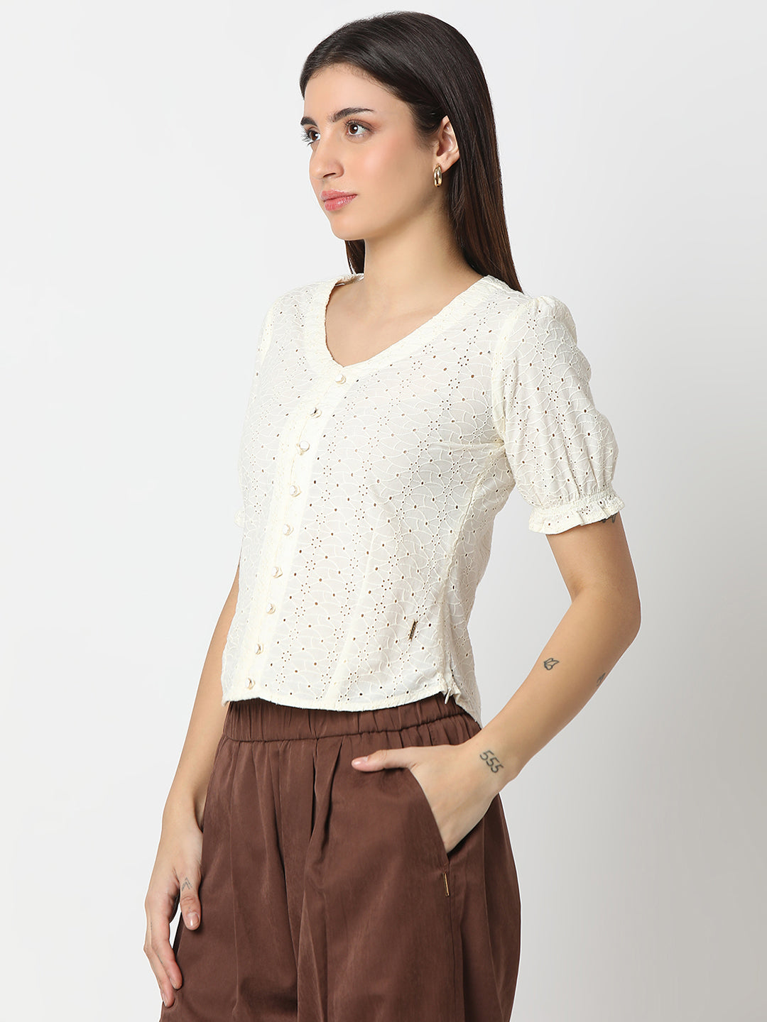 Spykar White Regular Fit Half Sleeves Top For Women