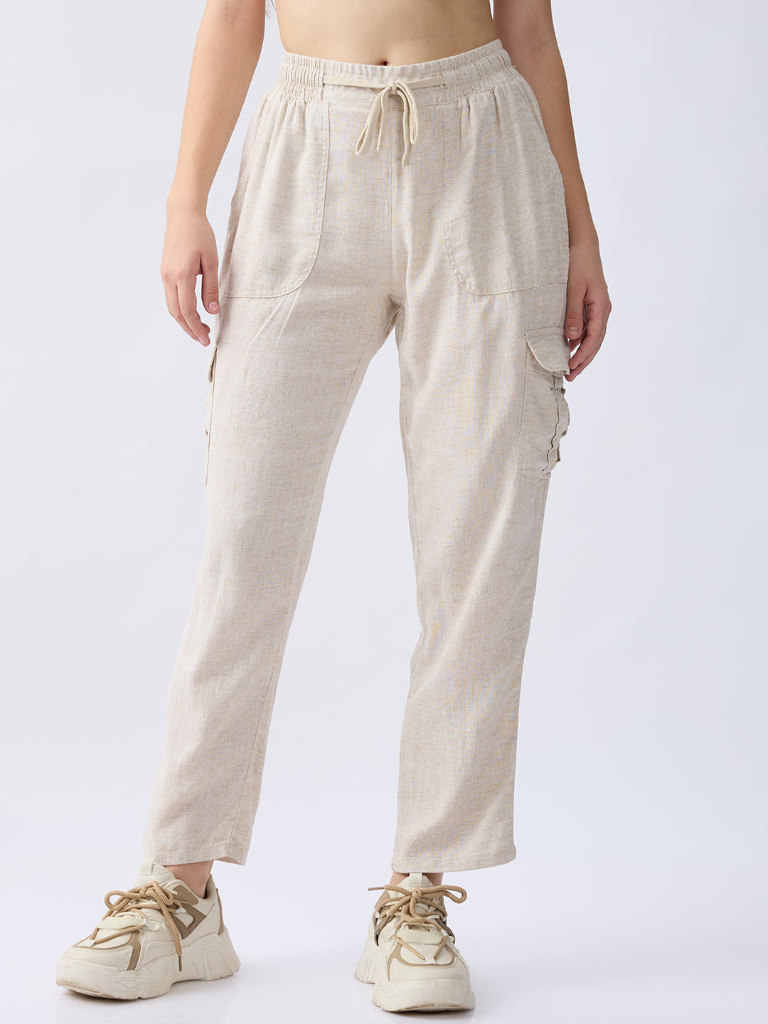 Spykar Ecru High Rise Straight Fit Casual Trousers For Women