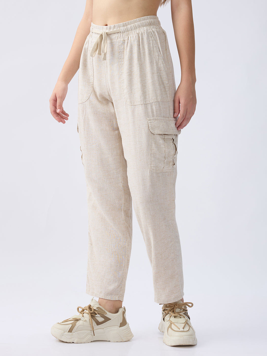 Spykar Ecru High Rise Straight Fit Casual Trousers For Women