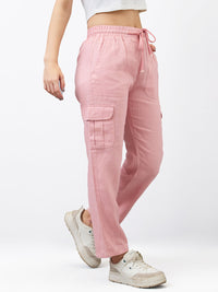Women Cargo Straight Fit Pink High Rise