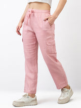 Women Cargo Straight Fit Pink High Rise