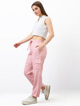 Women Cargo Straight Fit Pink High Rise