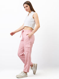 Women Cargo Straight Fit Pink High Rise