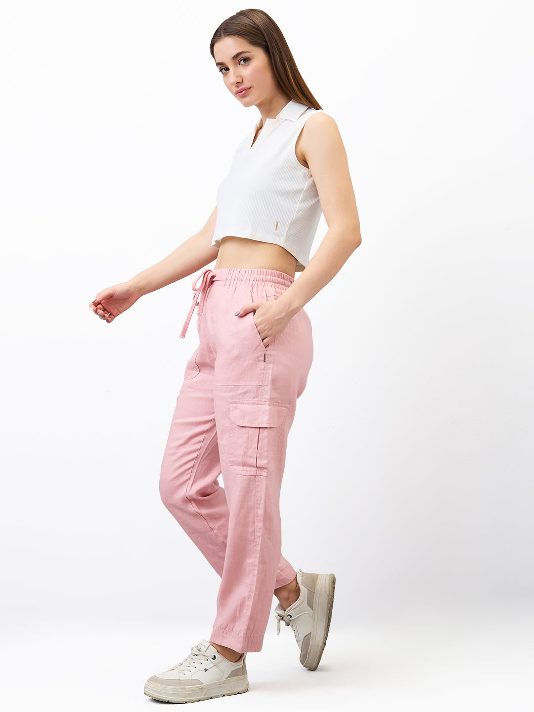 Women Cargo Straight Fit Pink High Rise