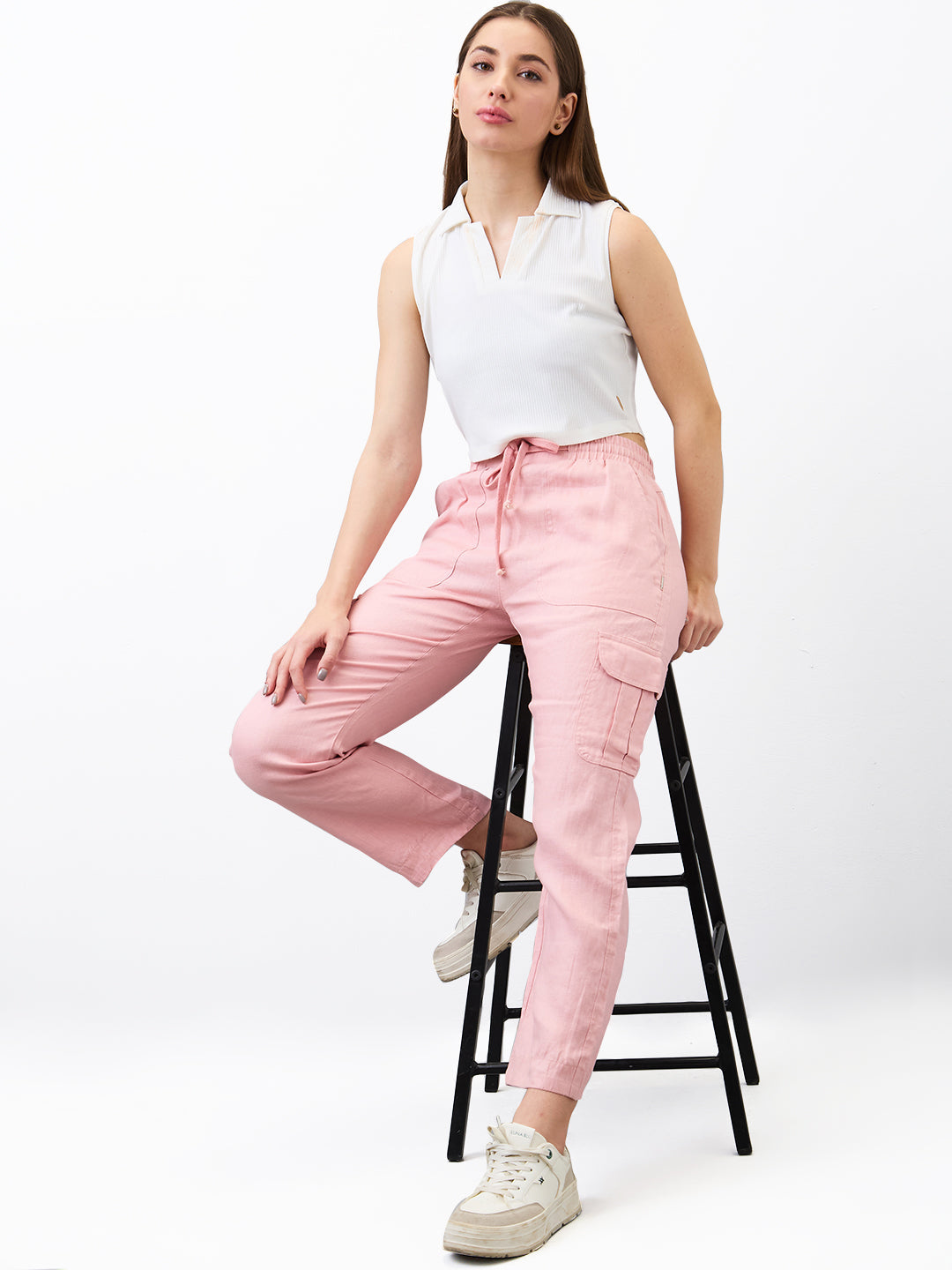 Women Cargo Straight Fit Pink High Rise