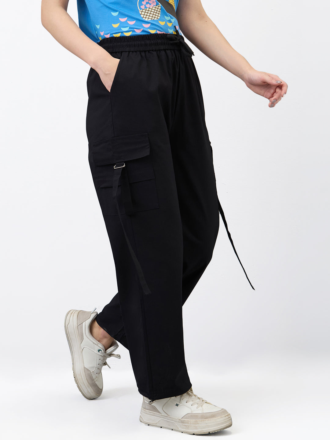 Women Cargo Straight Fit Black High Rise