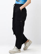 Women Cargo Straight Fit Black High Rise