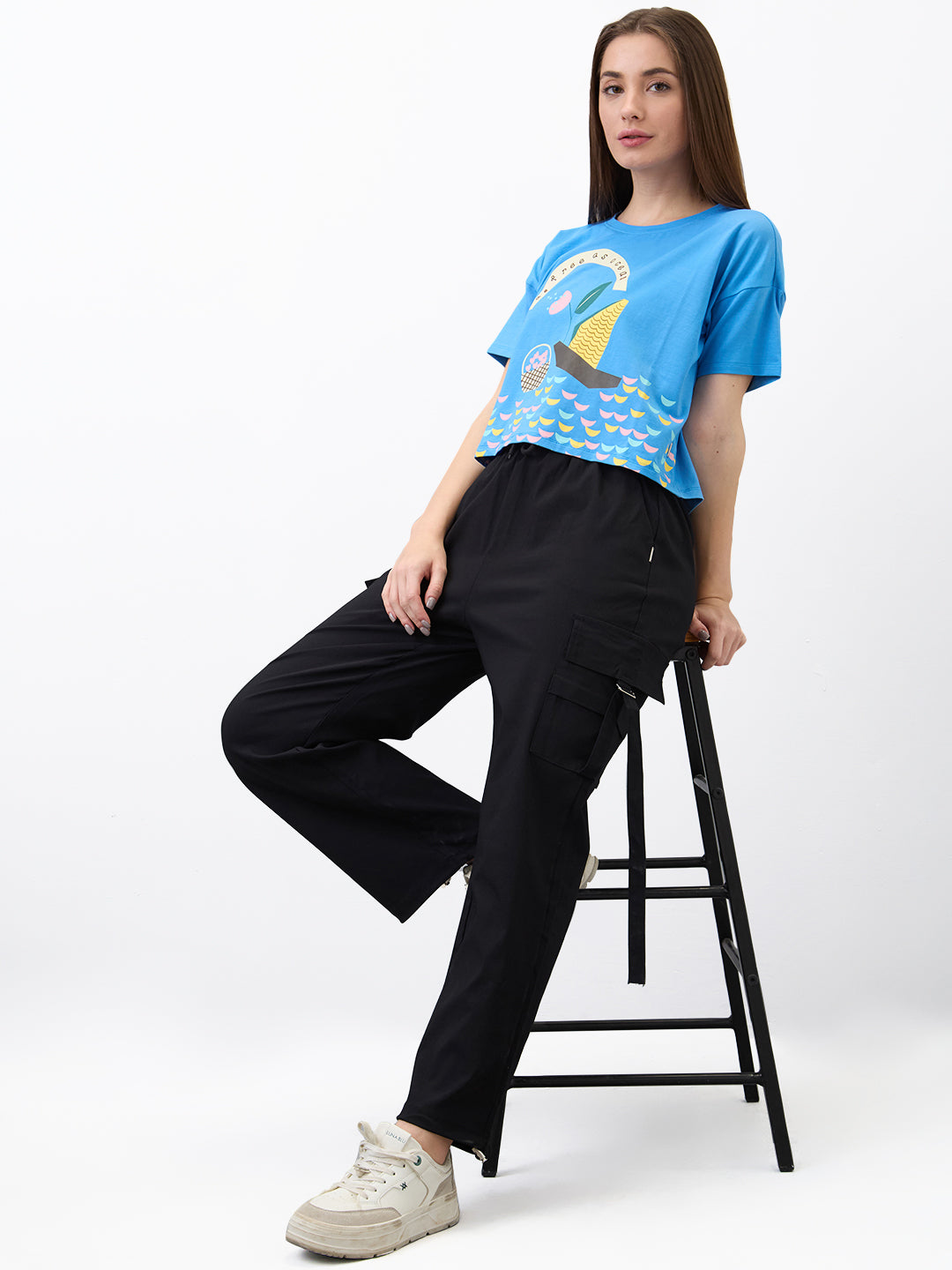 Women Cargo Straight Fit Black High Rise
