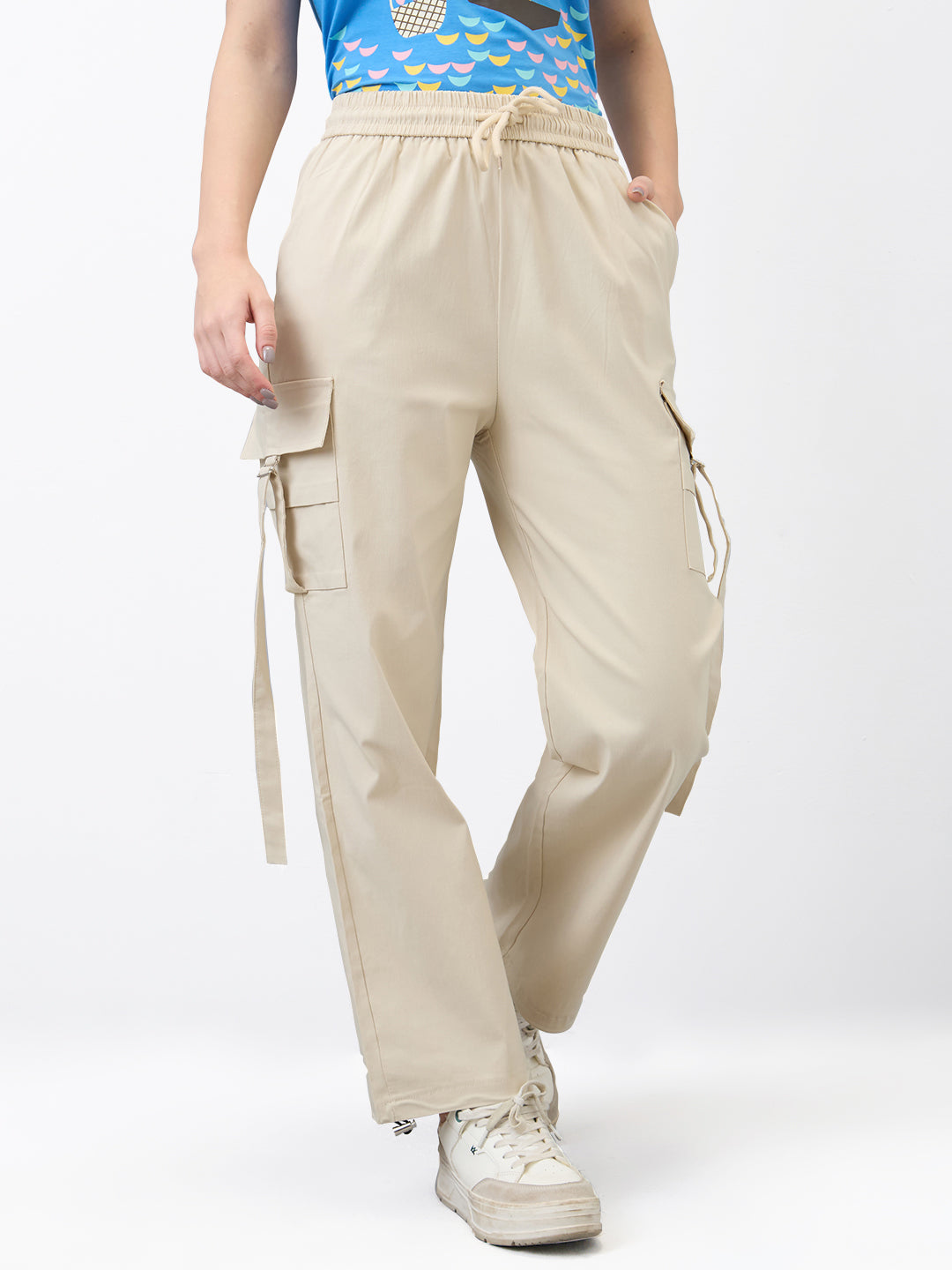 Spykar Beige Straight Fit High Rise Cargo For Women