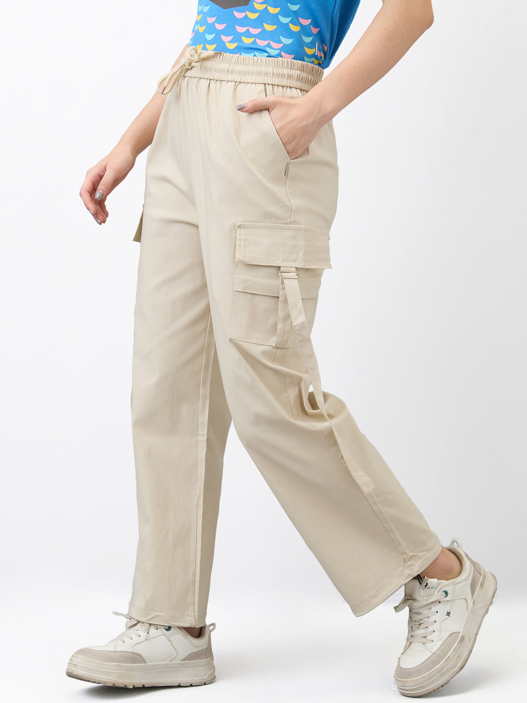 Spykar Beige Straight Fit High Rise Cargo For Women